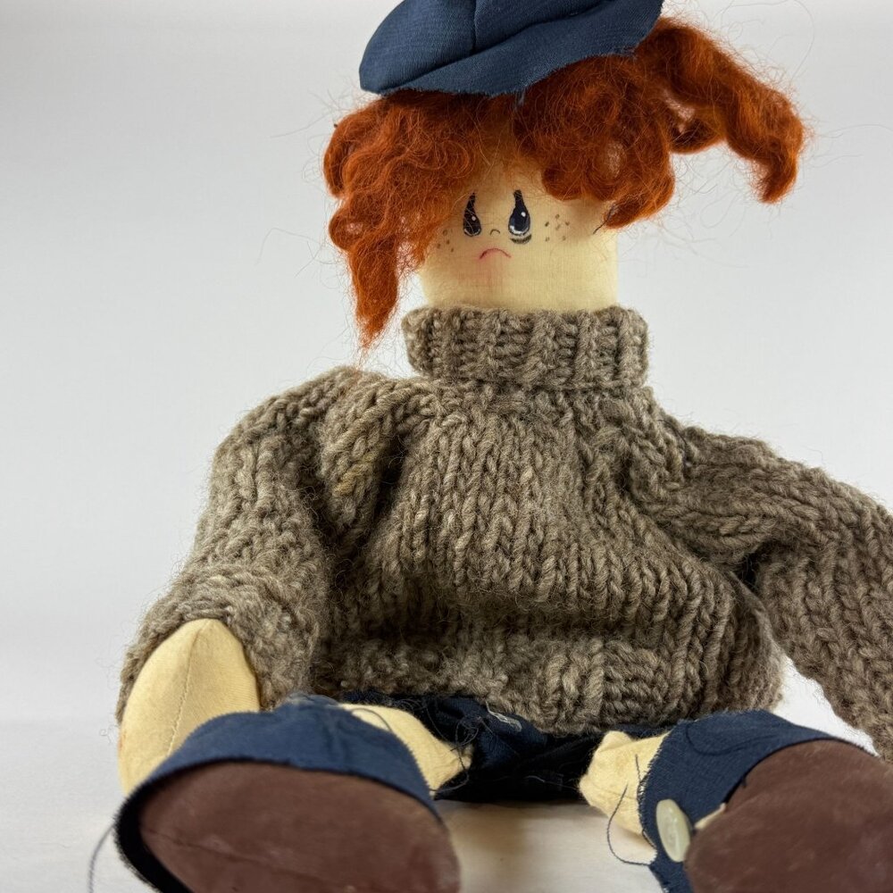Vintage Handmade Boy Rag Doll With Knit Sweater Red Hair & Blue Cap